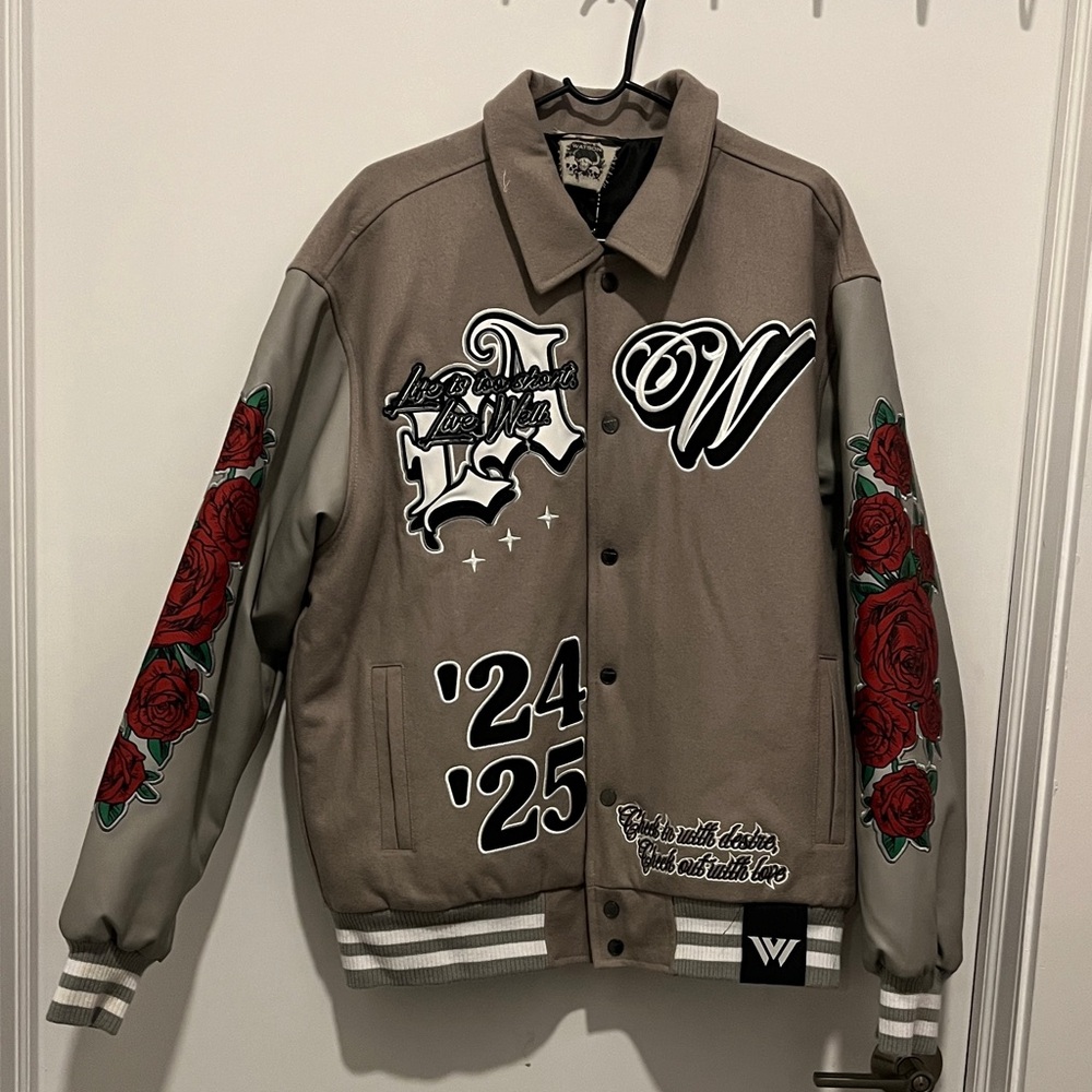 Men's Varsity Jacket with Rose Embroidery Size L